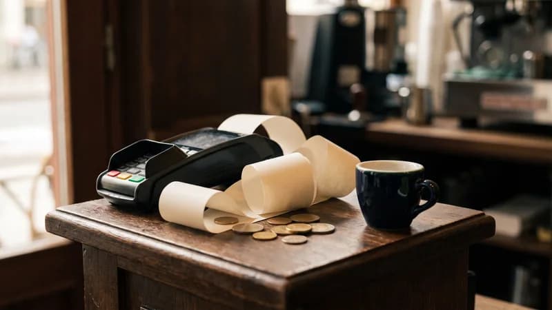 Kartenlesegerät mit langer Bonrolle und Münzen auf einem Cafétisch