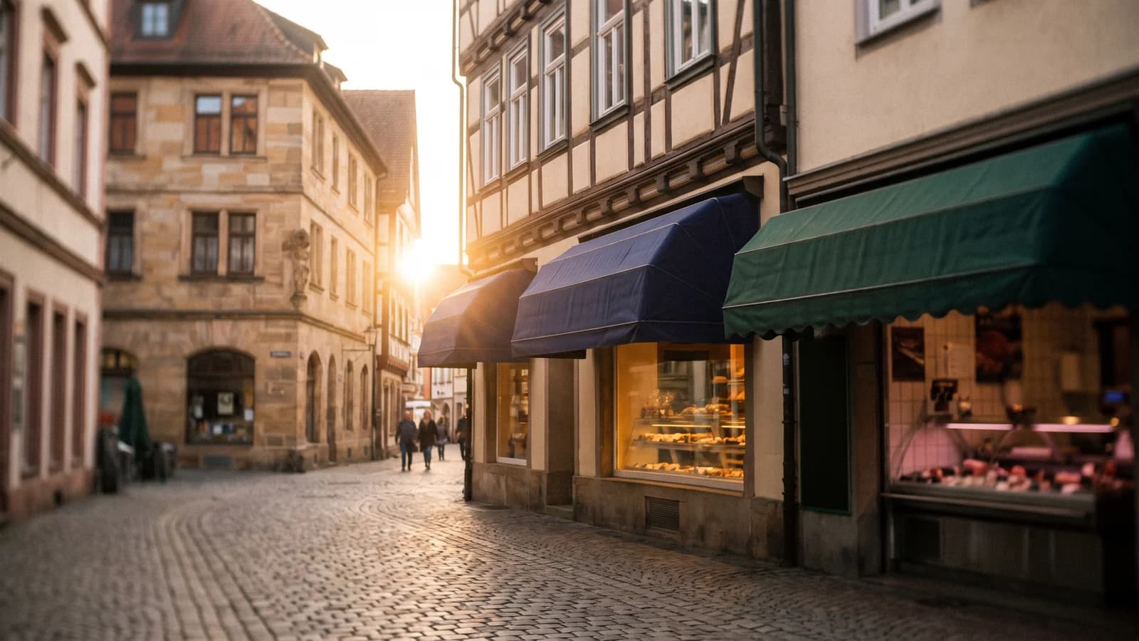 Altstadtgasse mit Bäckerei und Metzgerei im Abendlicht