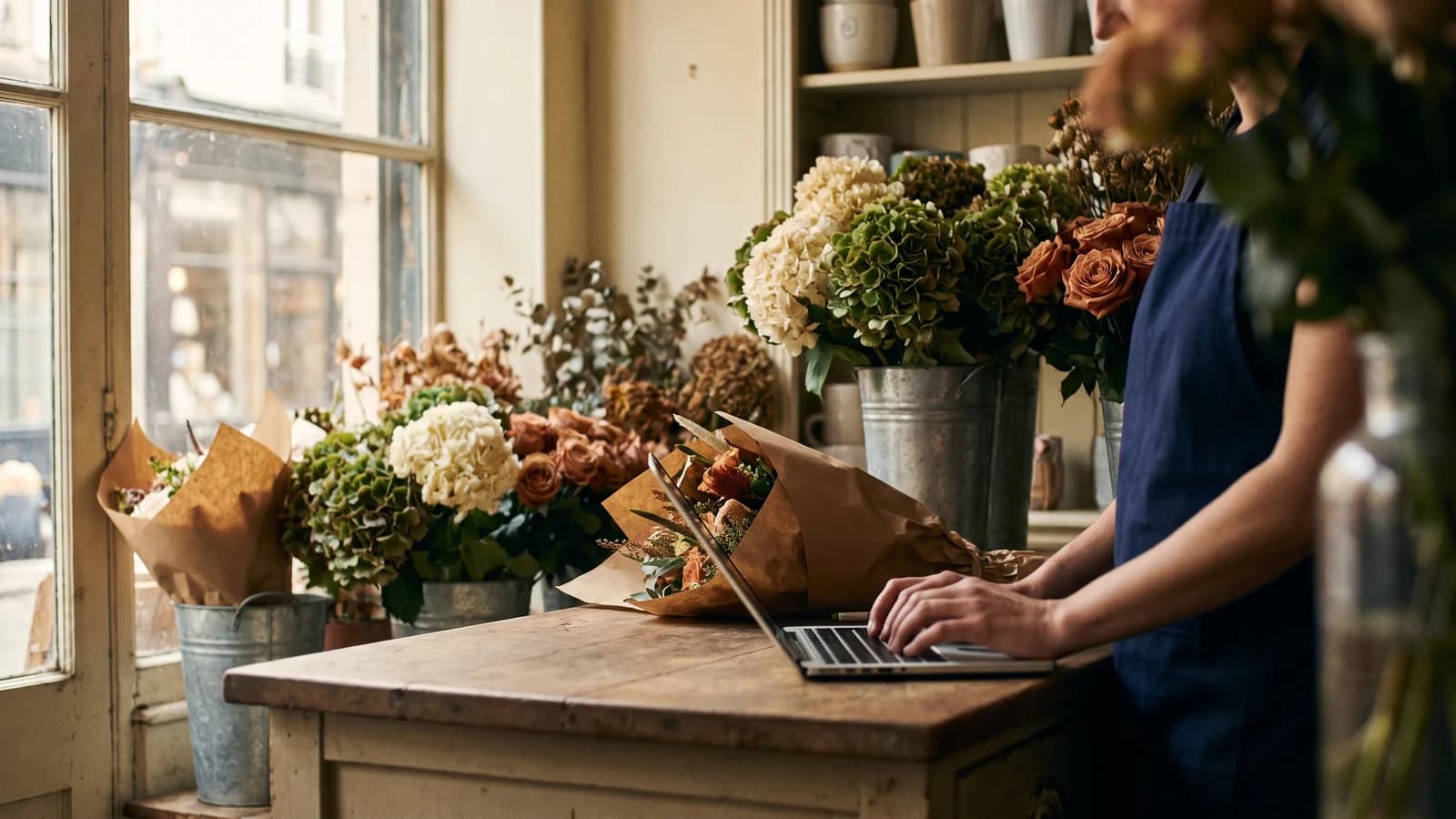 Inhaberin eines Blumenladens tippt hinter der Theke an einem Laptop, daneben gebundene Sträuße