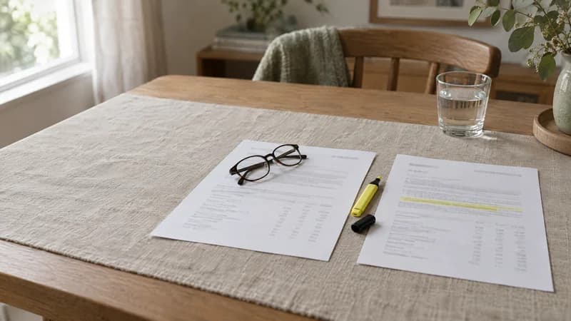 Zwei ausgedruckte Angebote nebeneinander auf einem Leinentischtuch, dazwischen ein gelber Textmarker, auf einem Blatt eine Lesebrille