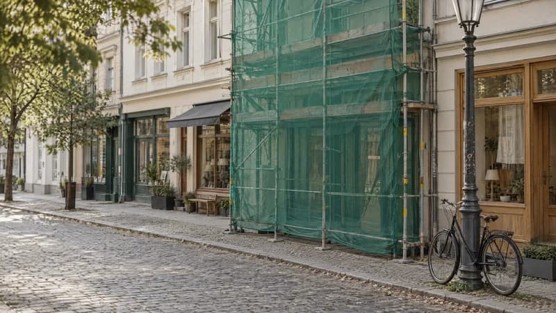 Ladengeschäft in einer Berliner Altbaustraße, dessen Schaufenster hinter Baugerüst und grünem Netz verschwindet, während die Nachbarläden gut zu sehen sind