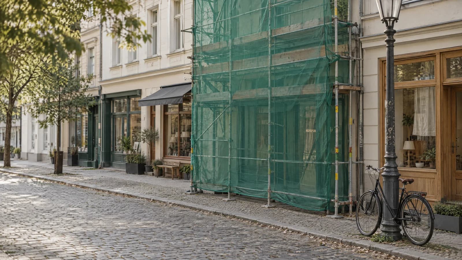 Ladengeschäft in einer Berliner Altbaustraße, dessen Schaufenster hinter Baugerüst und grünem Netz verschwindet, während die Nachbarläden gut zu sehen sind