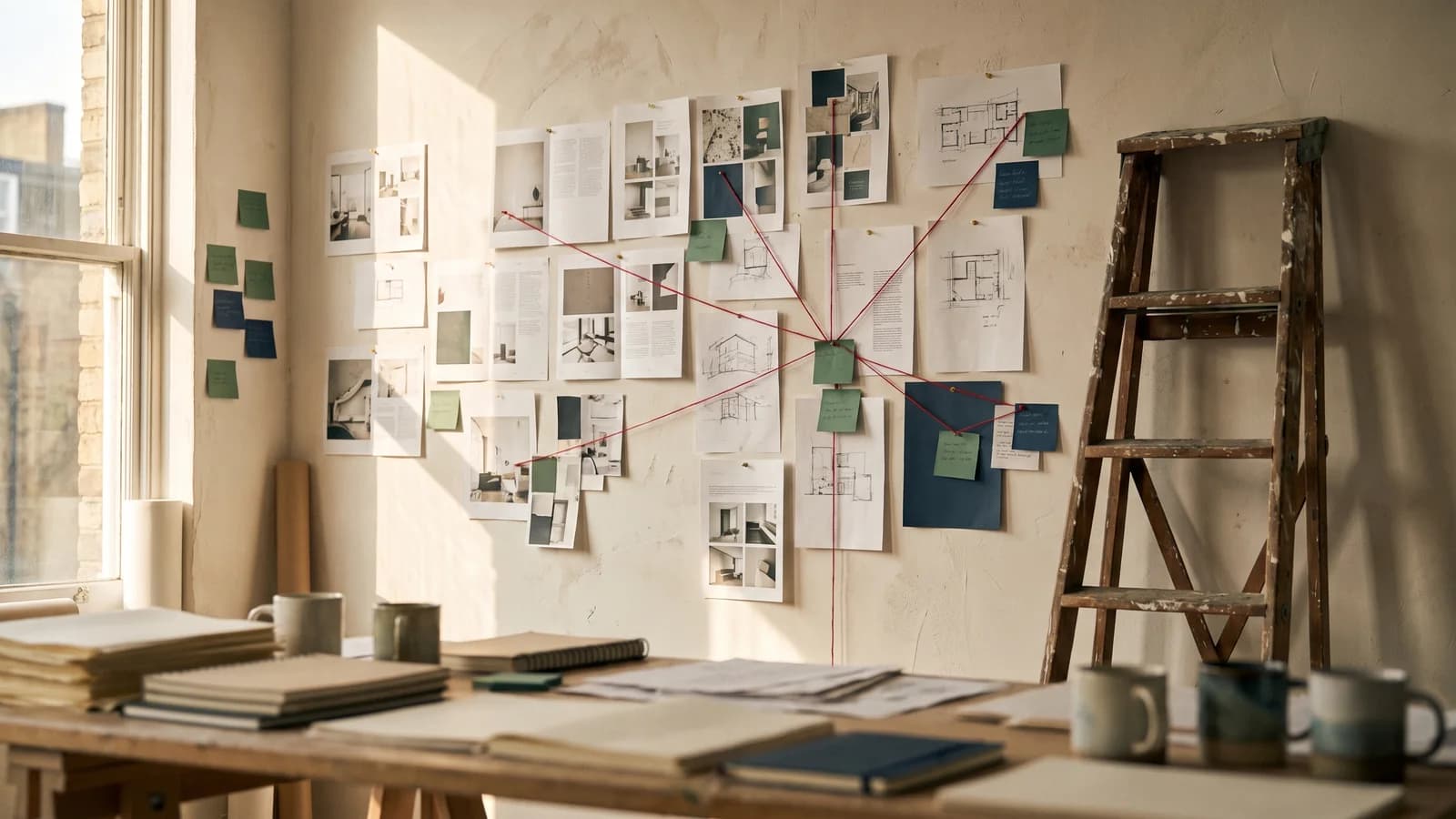 Ausgedruckte Seitenlayouts an einer hellen Wand, mit Haftnotizen und Schnüren verbunden