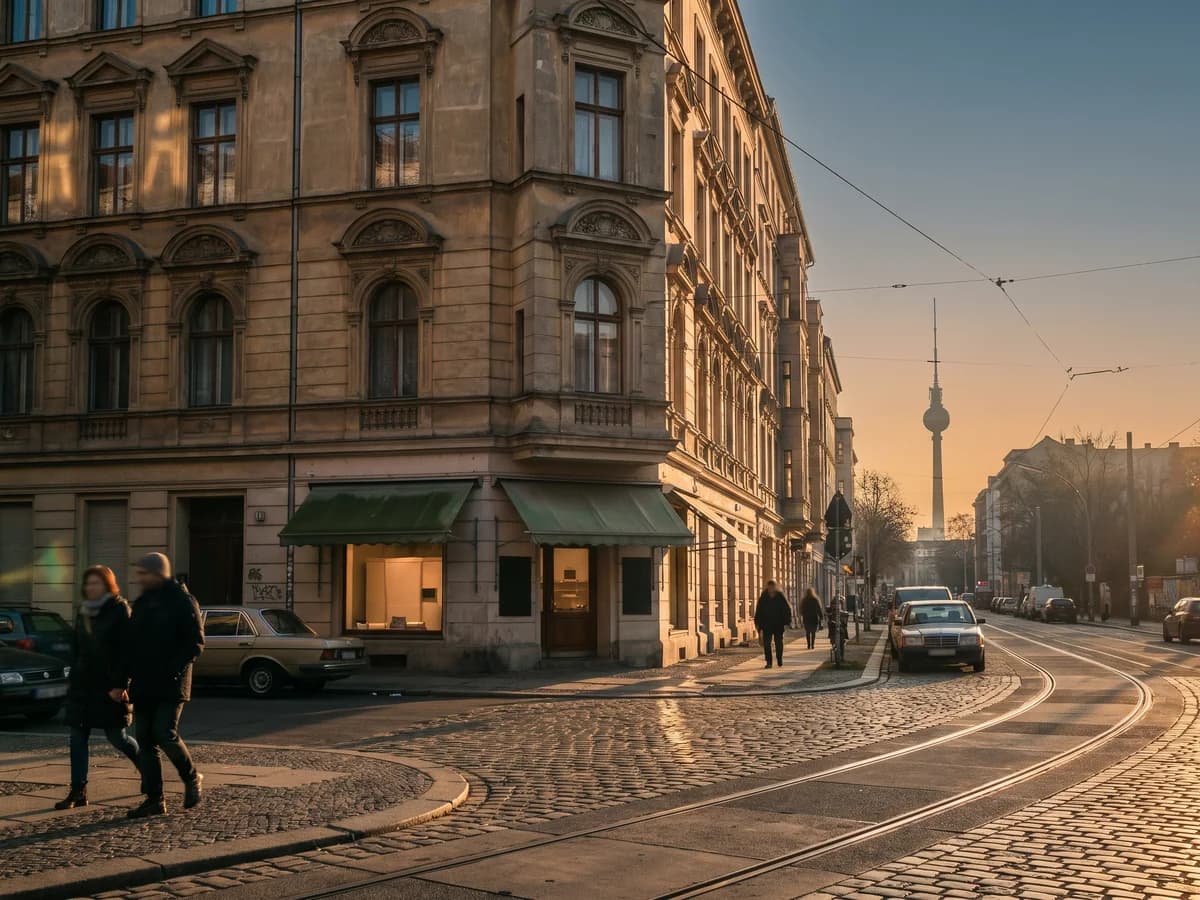 Berliner Altbau-Straßenecke im Abendlicht mit kleinem Laden, Straßenbahnschienen und dem Fernsehturm im Hintergrund
