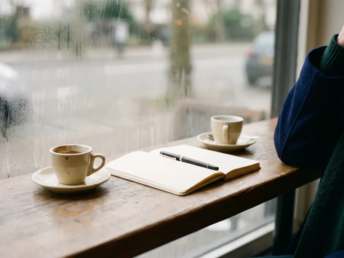 Zwei Espressotassen und ein aufgeschlagenes Notizbuch auf einem Cafétisch