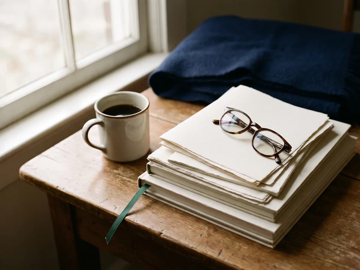 Stapel Zeitschriften mit Lesebrille und Kaffee im Morgenlicht