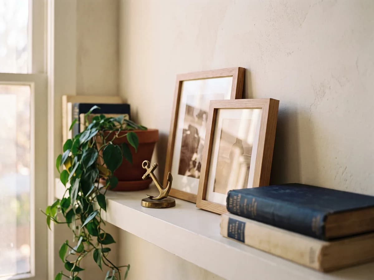 Regal mit gerahmten Fotografien und Büchern an einer hellen Wand