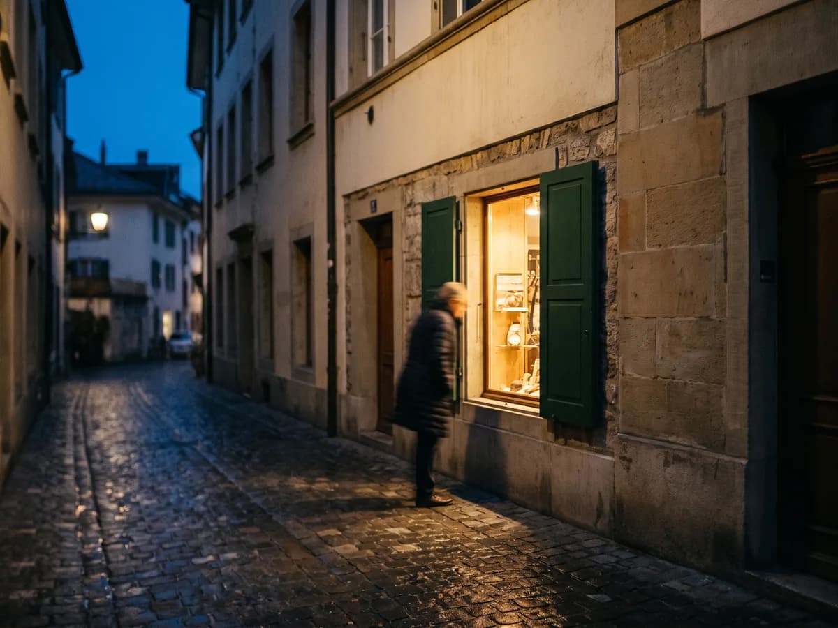 Kleiner Laden am Abend, warmes Licht fällt aus dem Schaufenster auf die Gasse