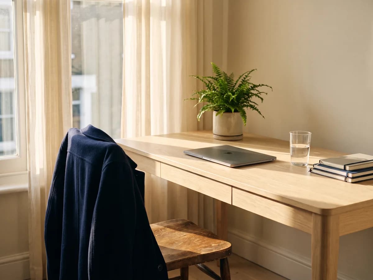 Schreibtisch am Fenster mit Jacke über der Stuhllehne