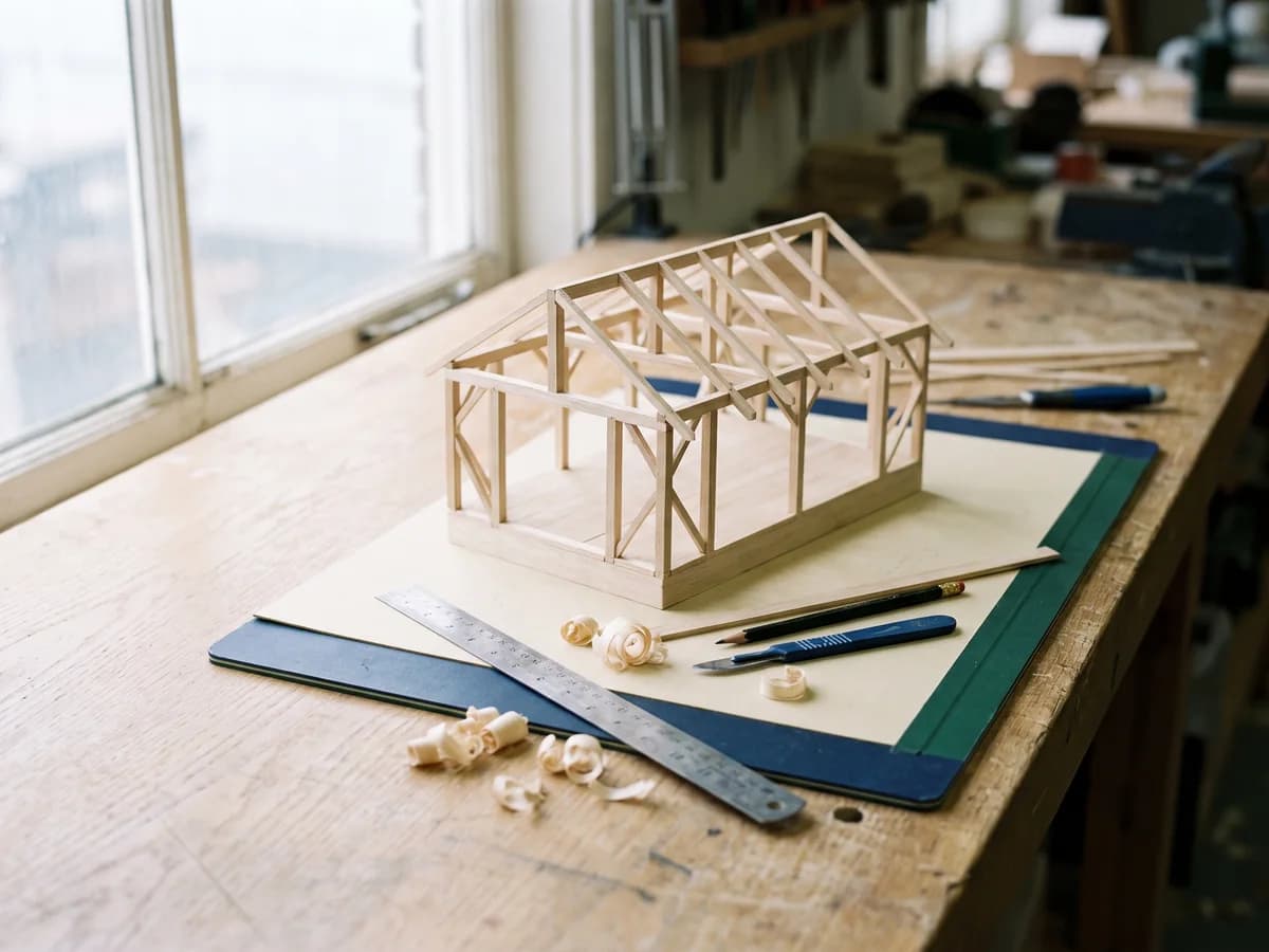 Unfertiges Architekturmodell aus Holzleisten auf einer Werkbank