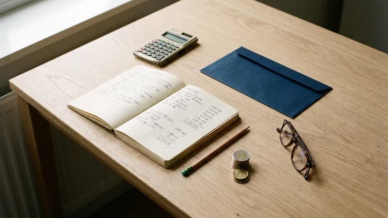 Taschenrechner, ein Notizblock mit Zahlenreihe und ein Stift auf einer hellen Tischplatte