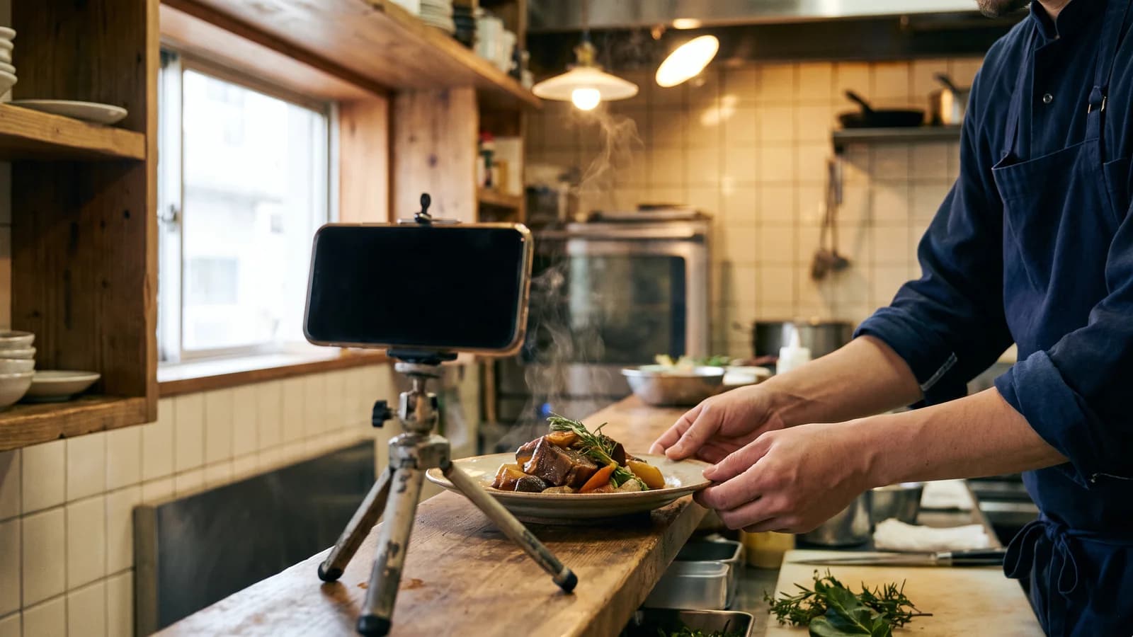Smartphone auf einem Stativ filmt einen frisch angerichteten Teller in einer Restaurantküche