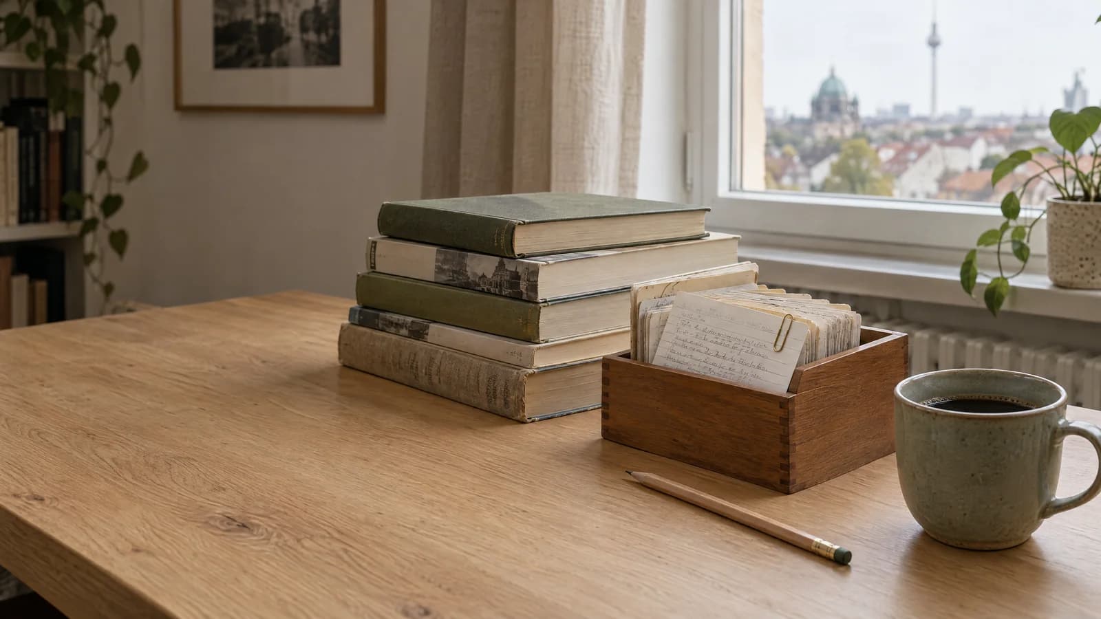 Stapel alter Nachschlagewerke und ein Holzkasten mit handschriftlichen Karteikarten auf einem Eichentisch, dahinter der Blick über Berlin auf Dom und Fernsehturm