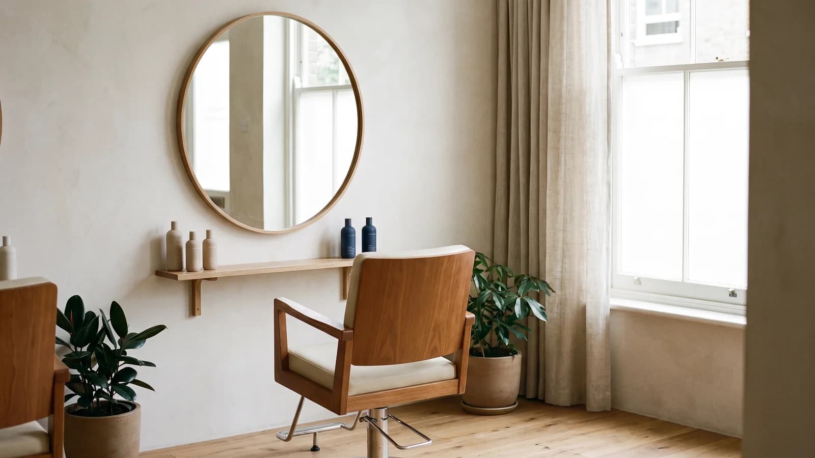 Friseurstuhl vor einem Spiegel in einem hellen Salon