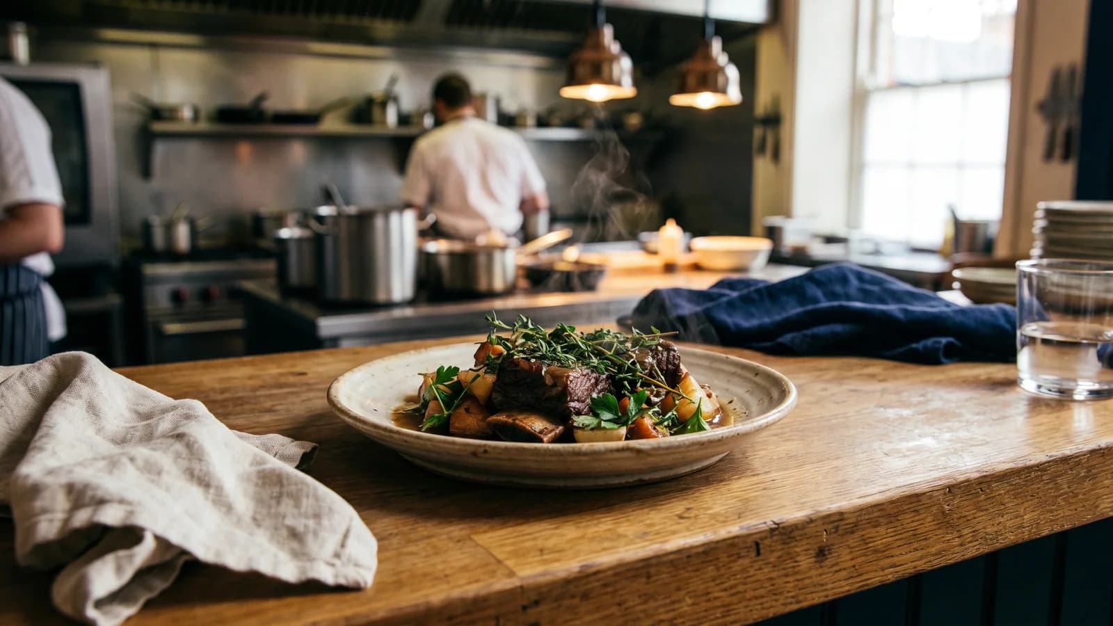 Frisch angerichteter Teller auf einem Holztresen in einer Restaurantküche