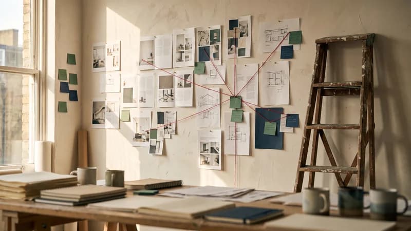 Ausgedruckte Seitenlayouts an einer hellen Wand, mit Haftnotizen und Schnüren verbunden